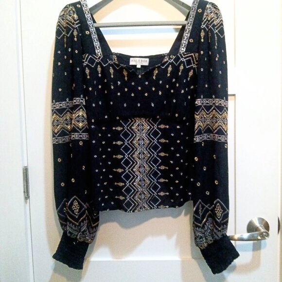 HALE BOB Black Embroidered Gold Silver Square Neck Grecian Peasant Blouse - Picture 1 of 10